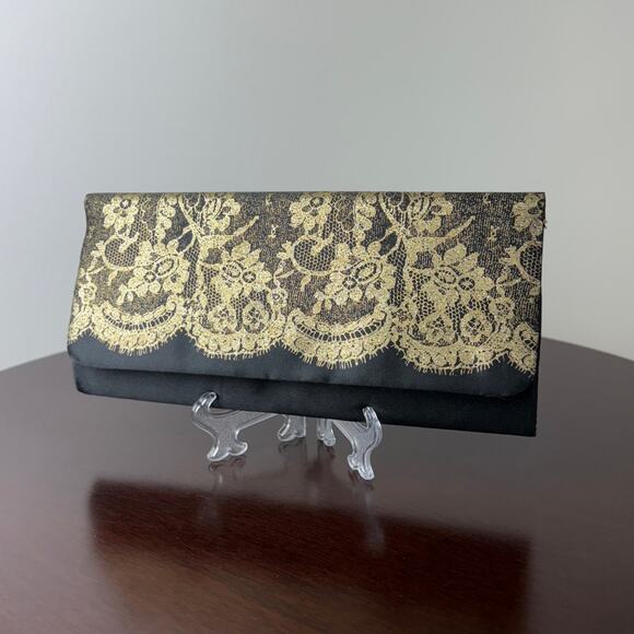 Black and Gold Lace Glitter Print Satin Clutch Purse  - 10w x 5h x 1D - Picture 8 of 10
